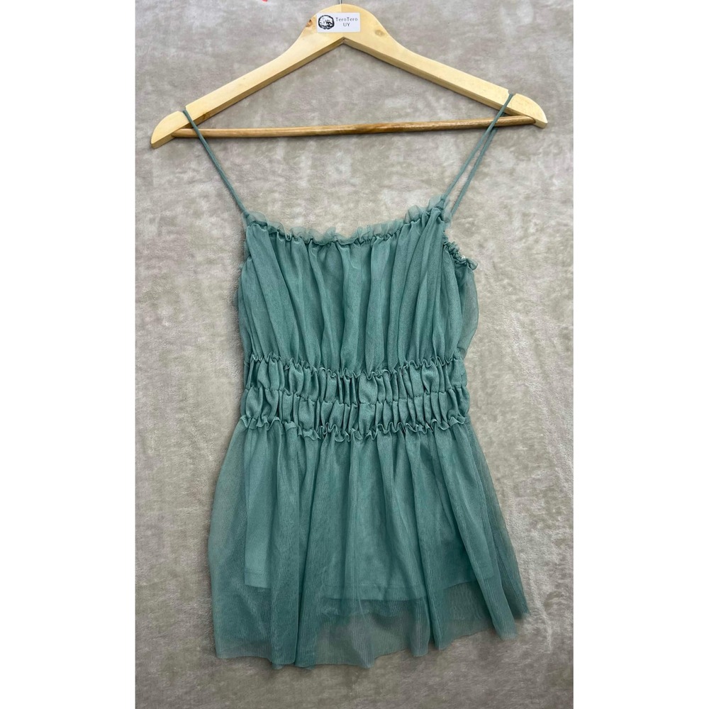 EUC H&M Sage Green Mesh Ruched Cami Top Smocked Ruffle Spaghetti Strap Small